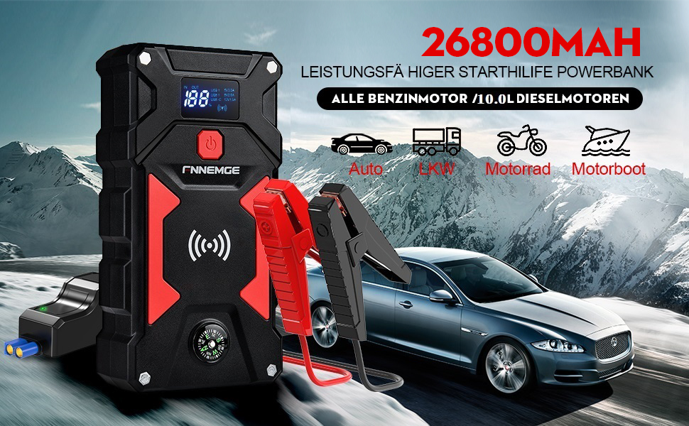 Powerbank Starthilfe 6000A/26800mAh: Зарядний пристрій для авто, 12V, USB Quick Charge 3.0, LED, EC-5