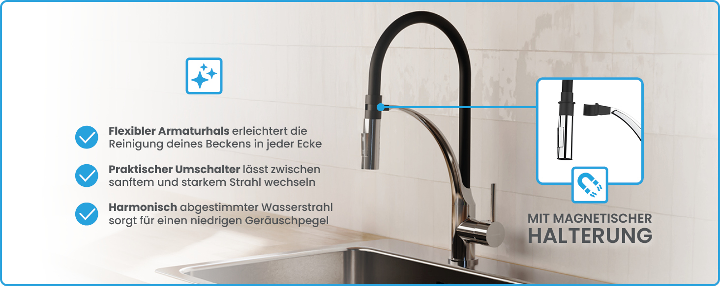 Кухонний змішувач Bächlein Nedo – поворотний на 360° з нержавіючої сталі, з гнучкою голкою та виливним гусаком з перемикачем, для кухні (гнучкий)