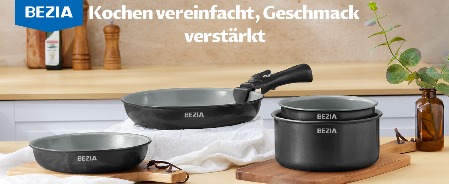 BEZIA Набір каструль та сковорідок з керамічним покриттям, 10 предметів, антипригарне покриття, здорове приготування їжі, для індукційних плит, складений для кемпінгу, сумісний з усіма типами плит, духовка, сірий колір