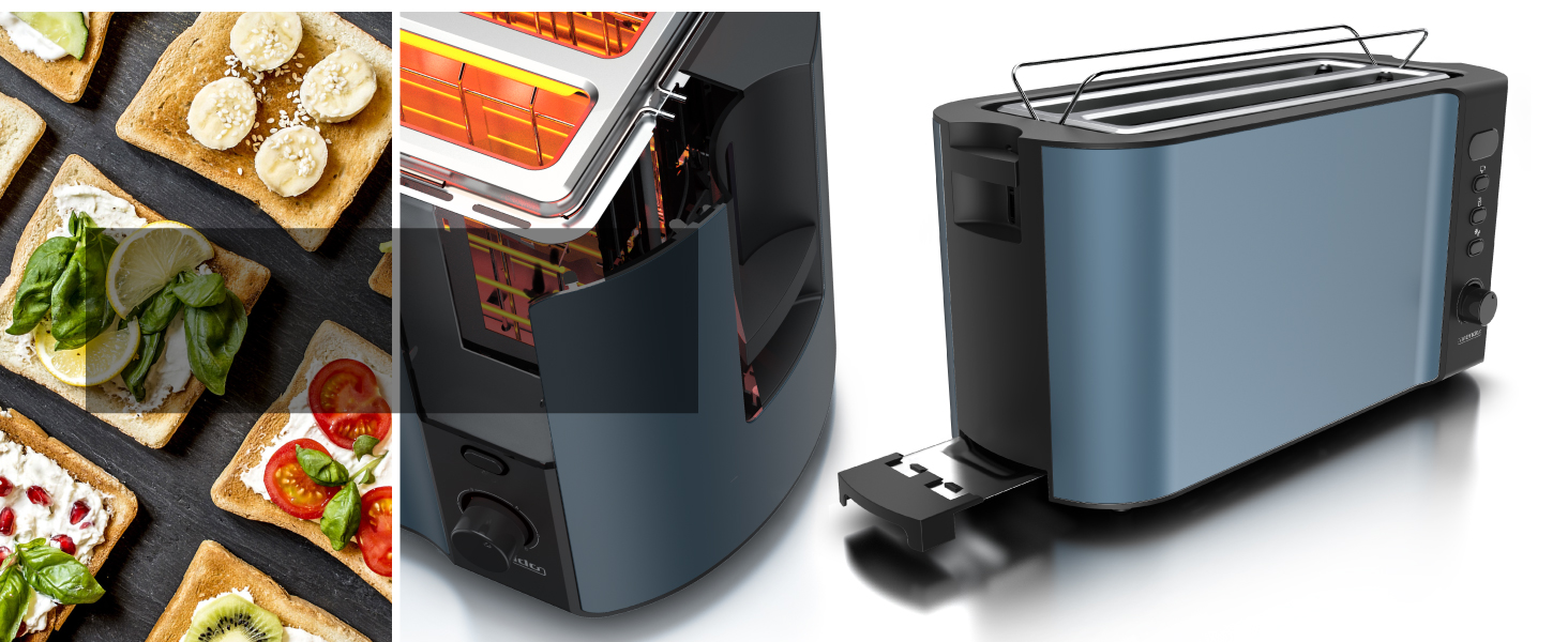 Набір чайник та тостер Arendo SET з нержавіючої сталі, блакитний. Чайник 1,5л, регулювання температури 40-100°C, тостер на 4 тости з LED-дисплеєм, 6 ступенів підсмажування та підставка для бургерів.