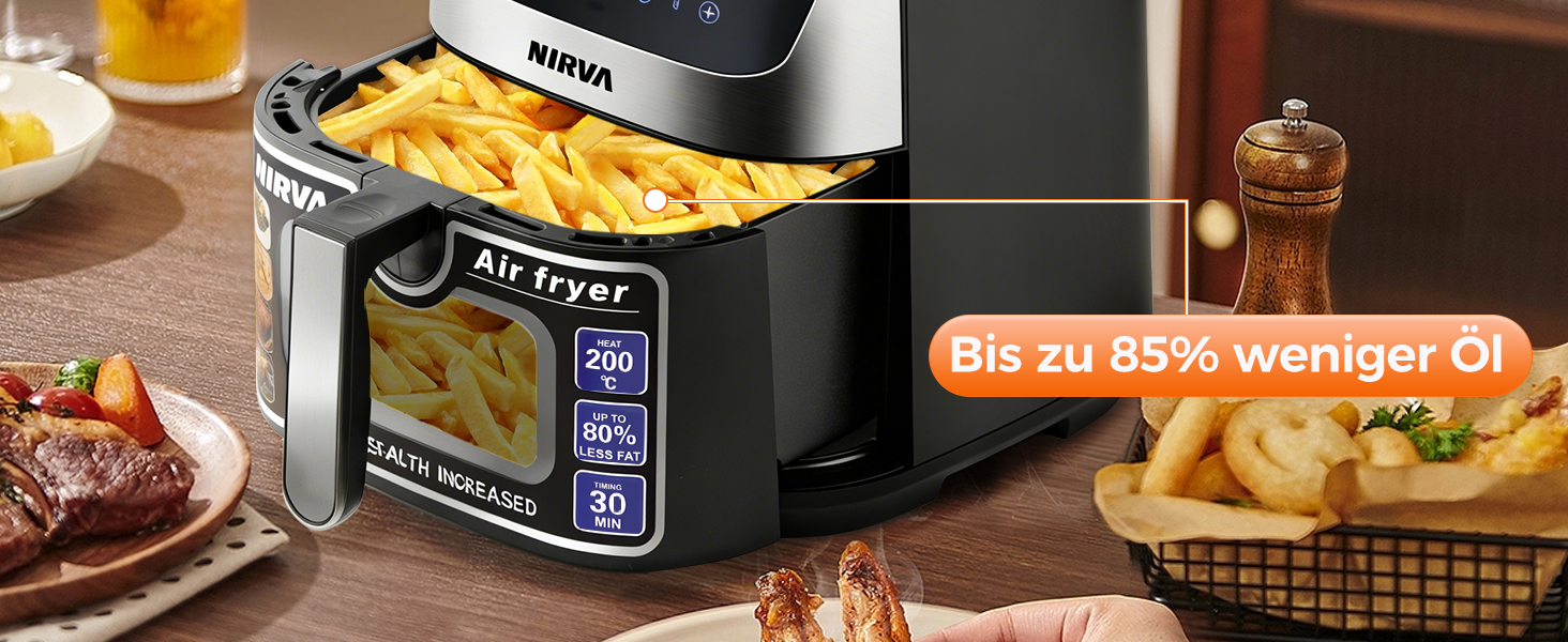 Аерофритюрниця Nirva 8.5л без олії, 1700W: смаження, запікання, антипригарне покриття, чорний/нержавіюча сталь