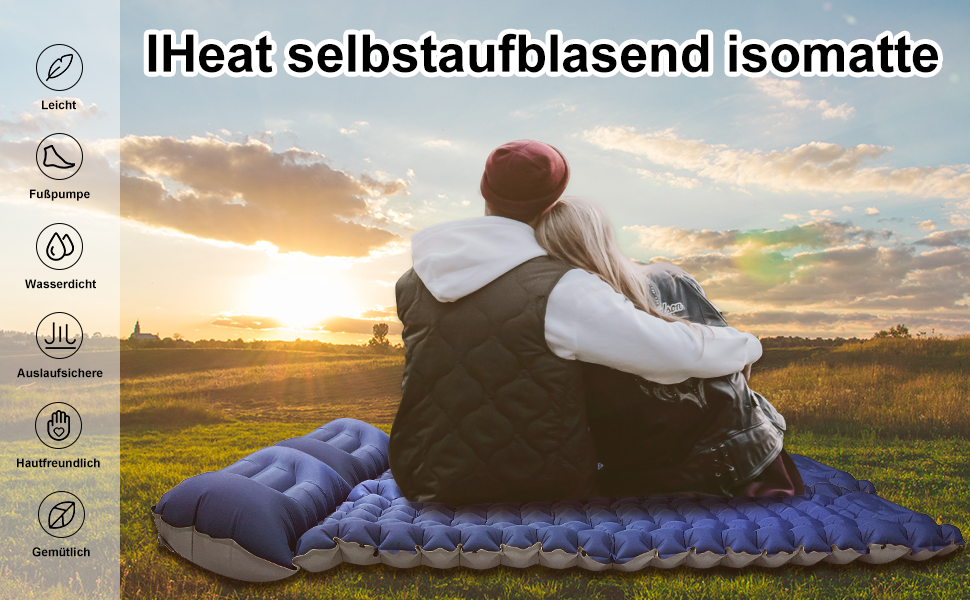 iHEAT Self-Inflating Camping Sleeping Pad with Foot Pump, Ultralight Air Mattress with Pillow, Waterproof Compact Sleeping Mat for Outdoor, Hiking, Backpacking, Camping, Beach - New Gery