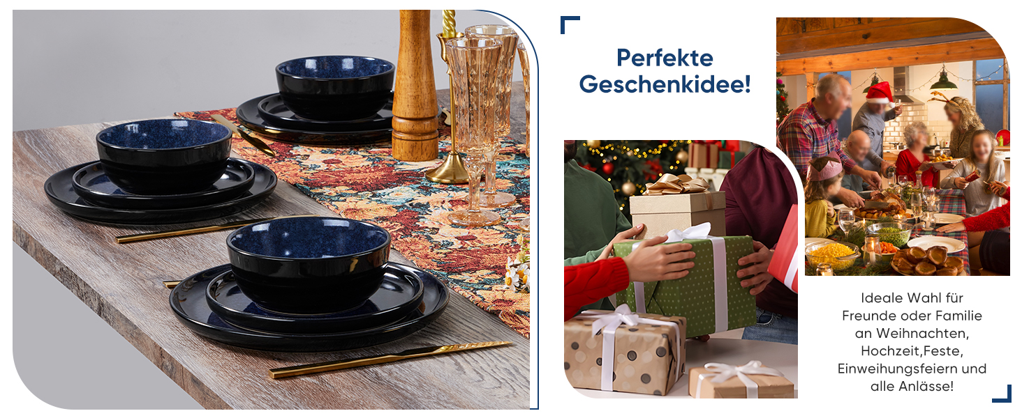 Набір посуду HaWare на 6 осіб, 18 предметів: тарілки з реактивної глазурі, комплект посуду для сервірування столу (Edelblau)