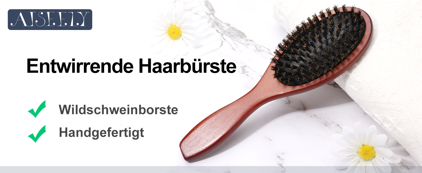 Дерев'яна щітка для волосся AISEELY з щетиною дикого кабана (2 шт.) - для гладкої зачіски, зменшує посічені кінчики та пухнастість