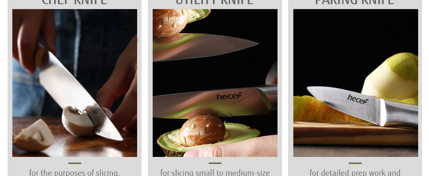 Набір кухонних ножів Hecef (3 шт) з нержавіючої сталі, сріблястого кольору, з порожнистим руків'ям, з захисними піхвами