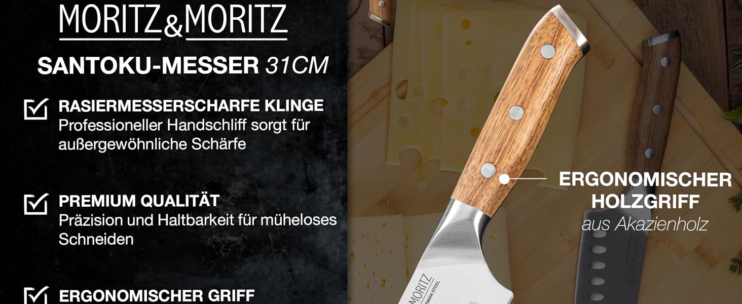 Ніж Santoku Moritz & Moritz 18 см - професійний кухонний ніж у японському стилі з надзвичайно гострою клинком - для м'яса, суші та іншого. Ергономічна ручка з акації. Німецька сталь Santokumesser