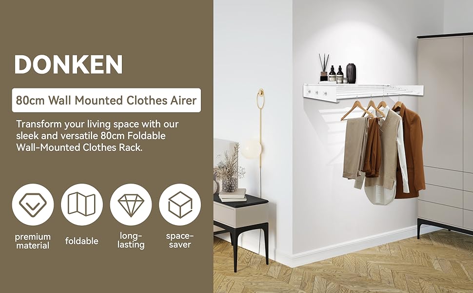 Настінна сушилка для білизни Donken, 80 см, розширювана, для ванної, балкону, тераси, біла