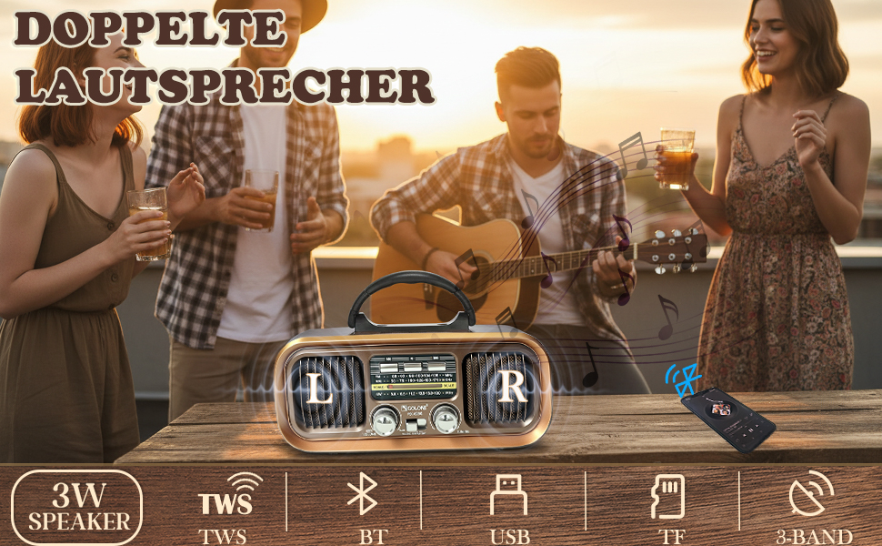 Ретро Радіо Klein з Bluetooth, AM/FM/SW радіо, портативне, з сонячною панеллю, USB/TF картка, подвійний динамік, коричневе