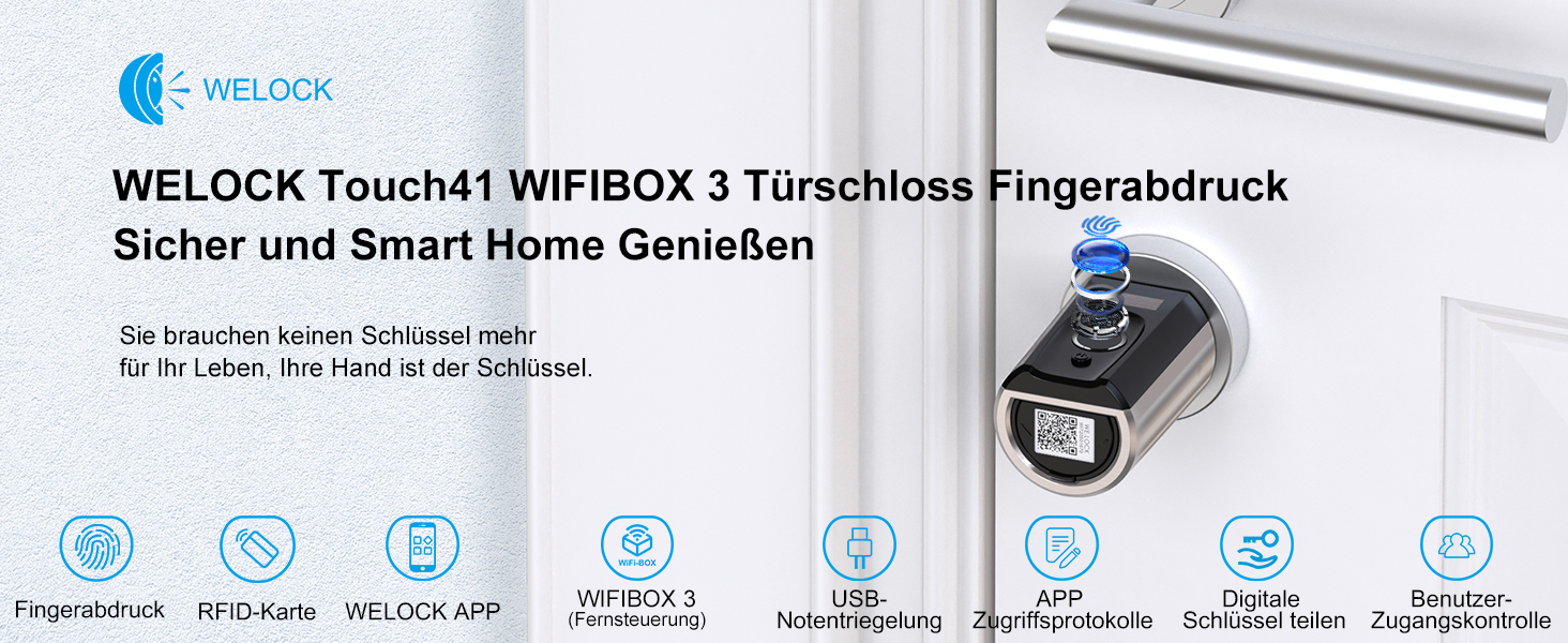 Електронний дверний замок WELOCK Touch41 з відбитком пальця, Wi-Fi, Bluetooth, RFID, IP65, для дверей 50-100 мм, сумісний з Alexa