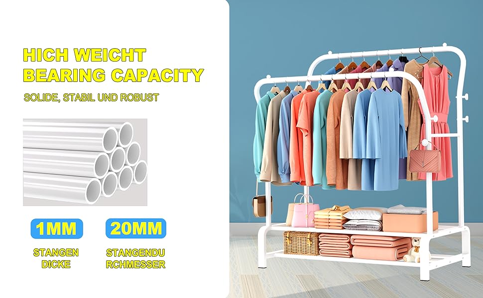 Вішалка для одягу металева подвійна з гачками та полицею для взуття, біла - Stabil