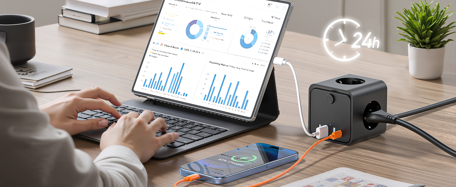 Мережевий фільтр подовжувач 7 в 1 з USB-портами, 3 розетки, з вимикачем, кабель 2 м, чорний — для дому та офісу