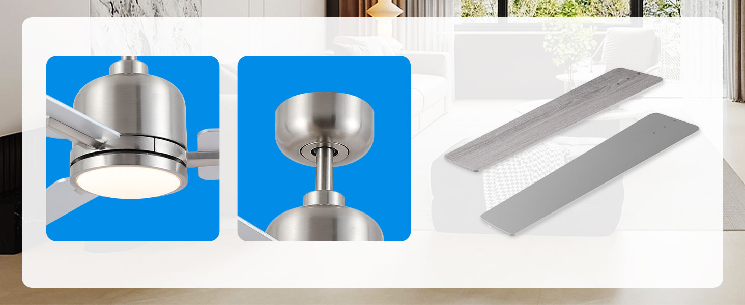 Стеляний вентилятор Newday з дерева білого кольору, 122 см з підсвіткою та пультом керування. Тихий вентилятор на стелю з лампою, регульована яскравість, DC мотор, реверсивний режим для спальні та вітальні (122-silber-holz)