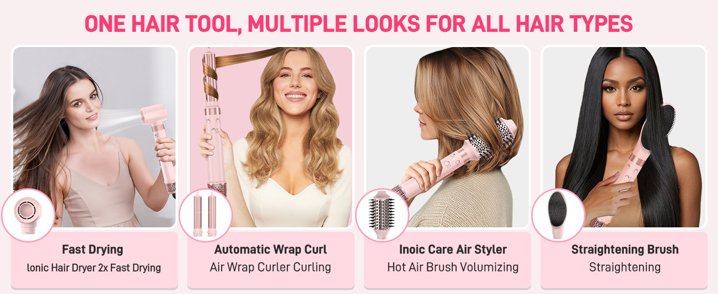 Фен-стайлер 5-в-1 для волосся з іонізацією, набір з насадками, швидка сушка, локони, випрямлення, об'єм, без пошкодження волосся, 100–240V, з сумкою, рожевий