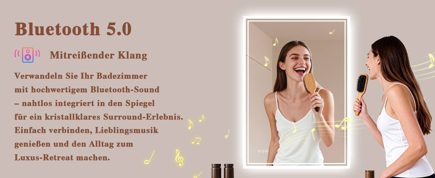 Дзеркало для ванної кімнати з підсвічуванням LED, антизапар, сенсорне управління, регулювання яскравості, 3 кольори світла, овальне, 50x70 см (Bluetooth, антизапар, 100L x 70B см)