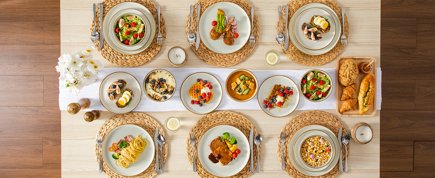 Набір посуду на 6 осіб Vancasso RENO 24 шт. з каменю, сучасний сервіз: тарілки для їжі, супу, десерту, миски. Підходить для миття в посудомийній машині та використання в мікрохвильовій печі. (Бежевий, 36 шт.)