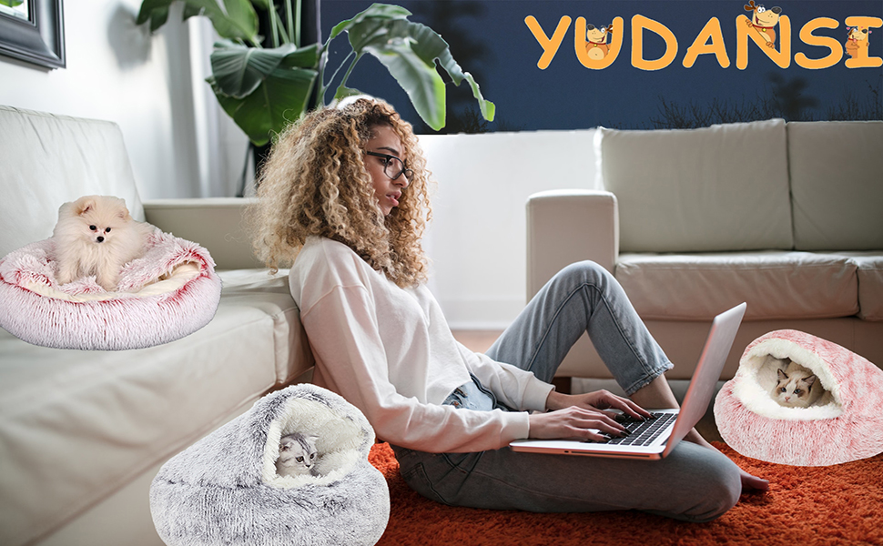 Плюшеве ліжко-купол для котів і маленьких собак YUDANSI, 40 см, кругле м'яке гніздо-донат із штучного хутра, затишне лежанка-будиночок для кошенят і цуценят