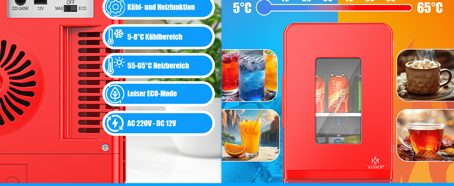 KESSER® Міні холодильник/термобокс 15L з охолодженням та підігрівом, AC/DC 220-240V/12V, для авто, офісу, кемпінгу, червоний
