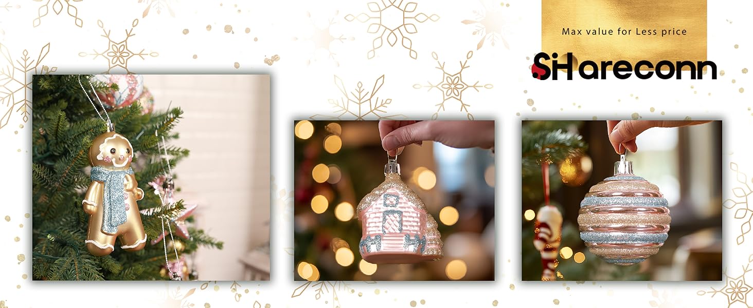 Набір прикрас на ялинку Shareconn 65 шт. з пластику, міцні, з мотузкою, різні розміри та кольори (червоний & білий, макарон)