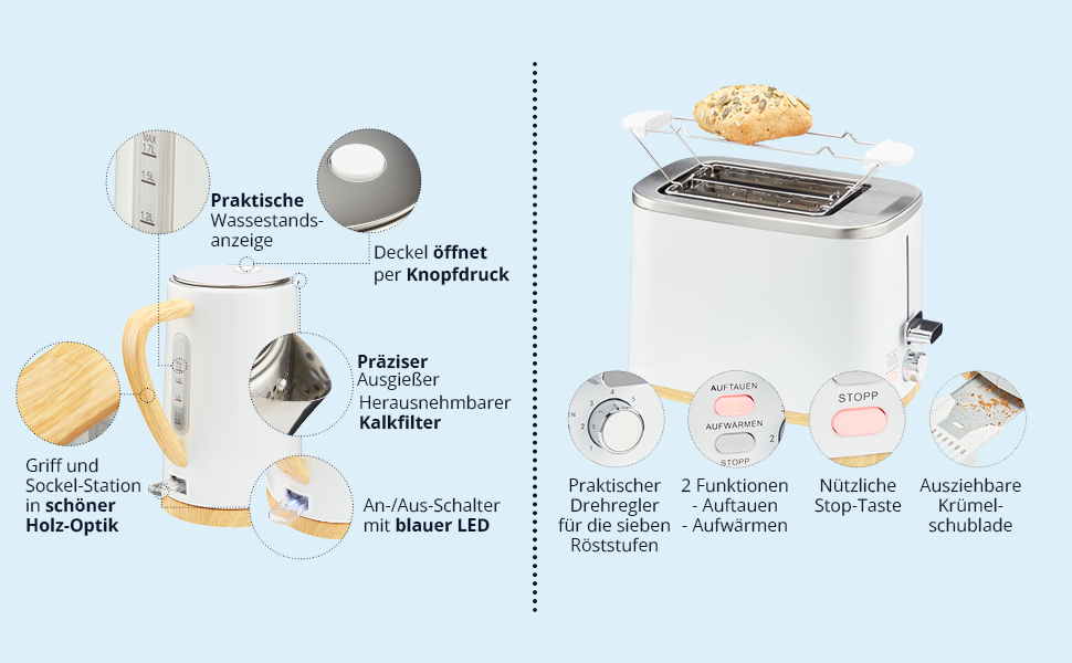 Набір чайник та тостер KHG | 2200W та 800W | 1.7л чайник, 2 тости | З фільтром від накипу та підсвічуванням крихт | Кухонний набір білий з імітацією дерева