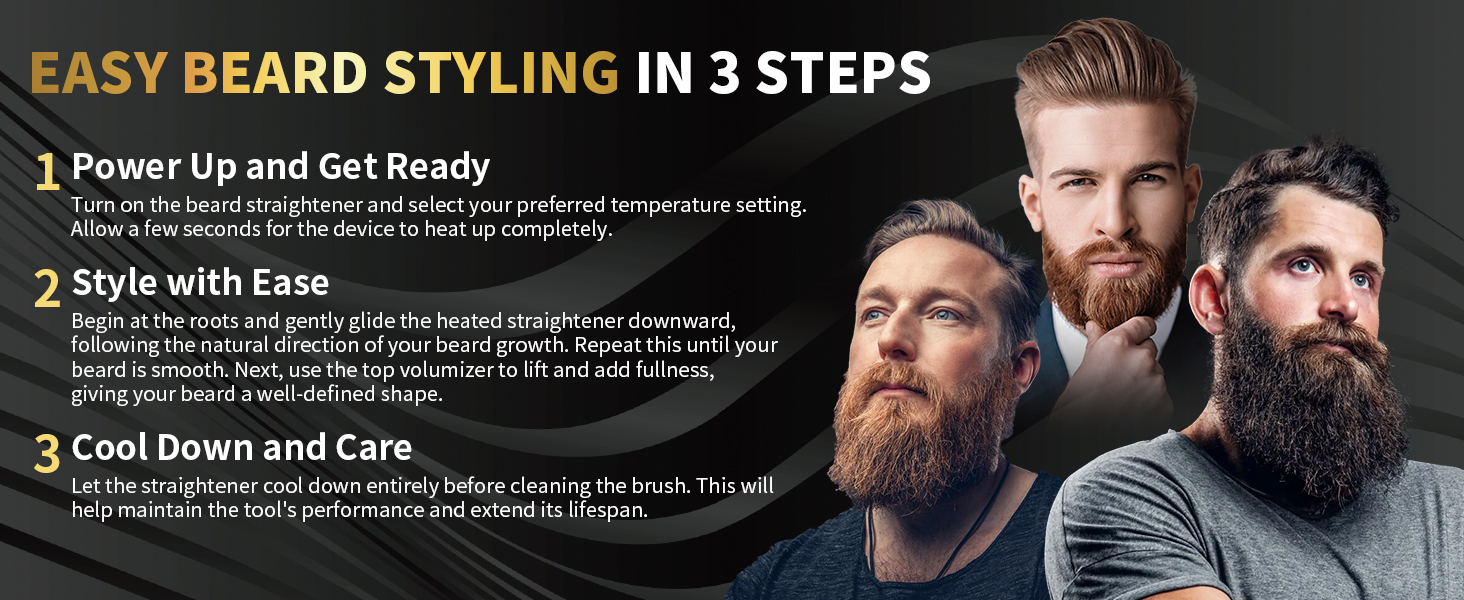 VIKICON 3-in-1 Beard Straightener Brush for Men - Professional Hair Comb & Volumizer with 4 Heat Settings (120-220°C) Iion Beard & Hair Straightening Brush for Home & Travel