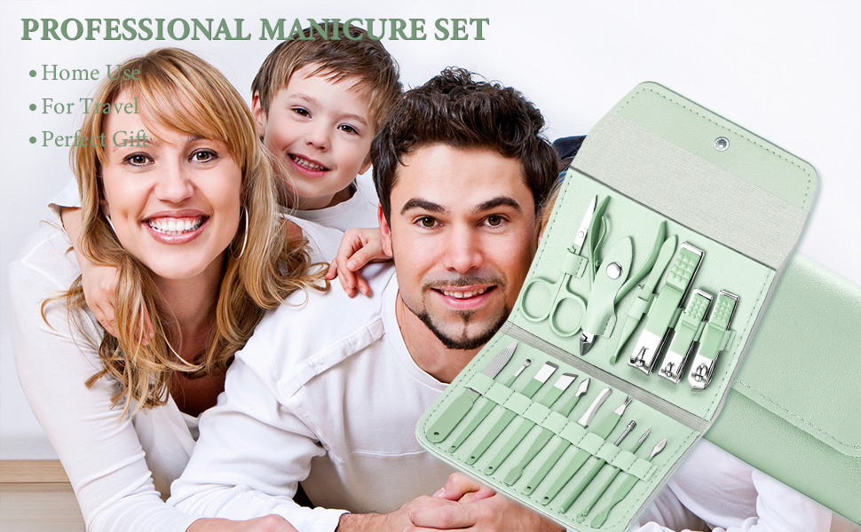 Набір для манікюру та педикюру 16 предметів: професійний набір для підстригання нігтів, чоловічий/жіночий (зелений)