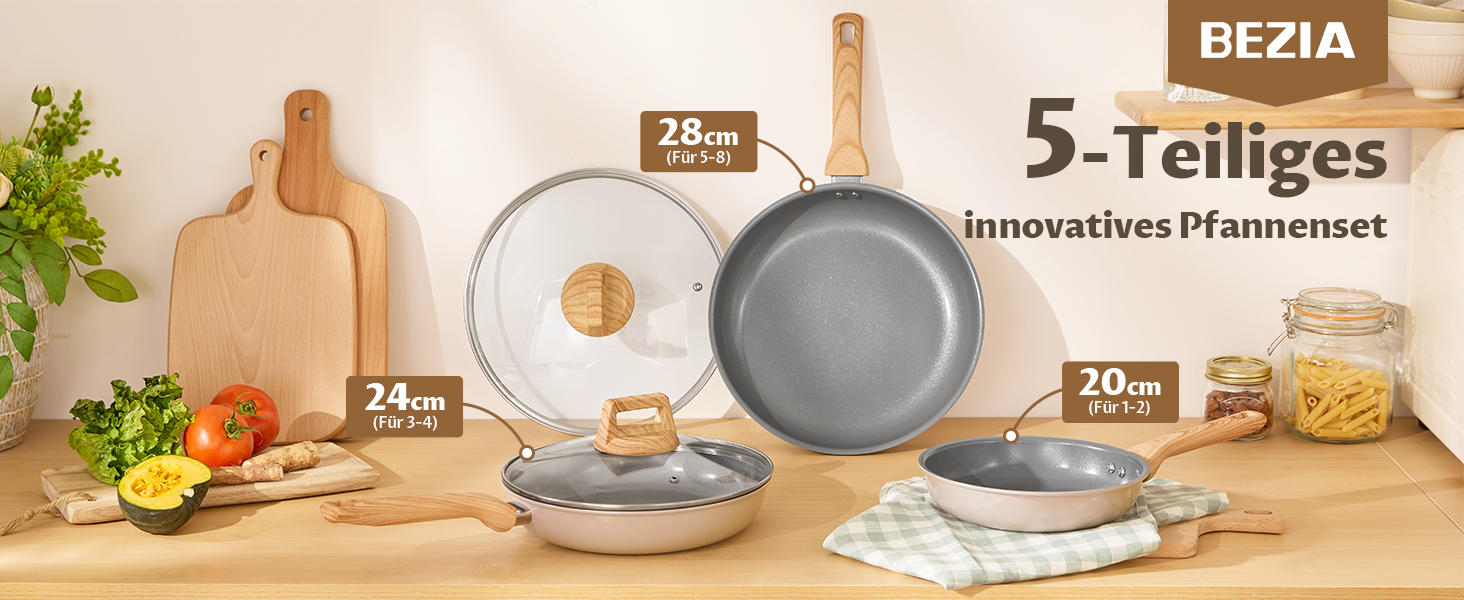 Набір сковорідок Induktion 5-ти частинний, діаметр 20, 24, 28 см, керамічне покриття, антипригарні, з бакелітовими ручками, підходить для всіх типів плит, без PTFE, PFAS, PFOA