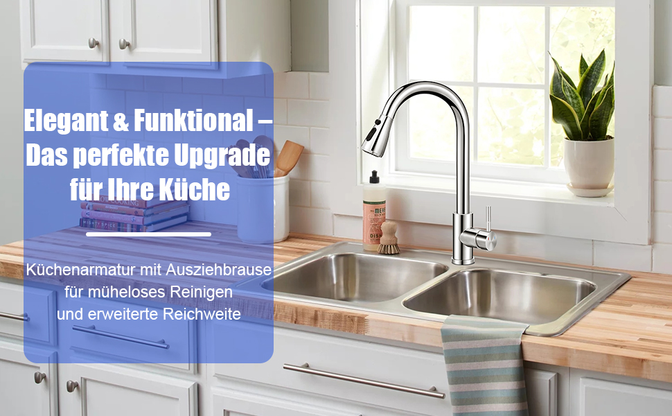 Крановий змішувач для кухні з висувною лійкою, високий поворотний кран з одним важелем, нержавіюча сталева кухонна мийка з шлангами