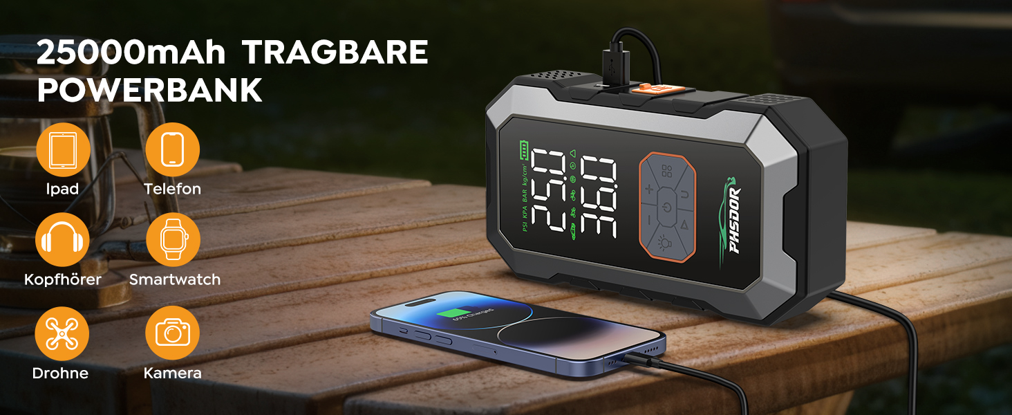 Пусковий пристрій (бустер) для авто 8000A з компресором 150 PSI та Powerbank 25000mAh, Jump Starter для бензинових та дизельних двигунів до 10.0L, з LED-ліхтарем, сріблястий