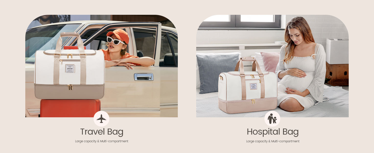 Сумка-мішок LOVEVOOK для подорожей, 37L, жіноча, для ручної поклажі, weekender, з органайзером для косметики, відділенням для взуття та вологонепроникним кишеням, водонепроникна спортивна сумка, пляжна сумка, для відпочинку, авіаперельотів, кемпінгу, M, Khaki-beige