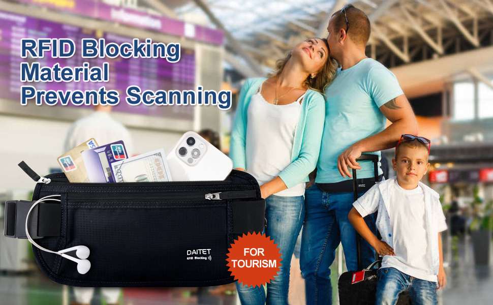 Чоловічий та жіночий поясний ремінь-сумка з RFID-блокуванням. Поясна сумка для подорожей, прихована під одягом, чорного кольору. Ширина ременя: 2.5 см