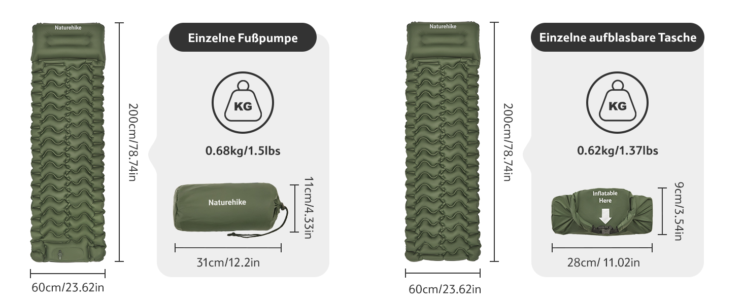 Килимок для кемпінгу Naturehike, Ultraleichte, Надувний, з інтегрованим насосом, для велосипедних походів, рівень початківців, темно-синій (з надувним мішком, армійний зелений)