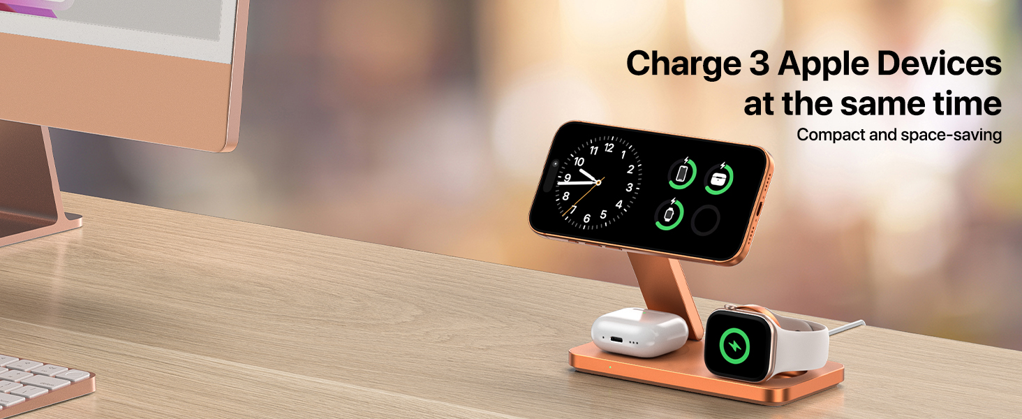 Бездротова зарядна станція 3 в 1 для Apple iPhone 17/16/15/14/13/12, Apple Watch Ultra/11/10/SE та AirPods 4/3/2, сумісна з MagSafe, складана, помаранчева