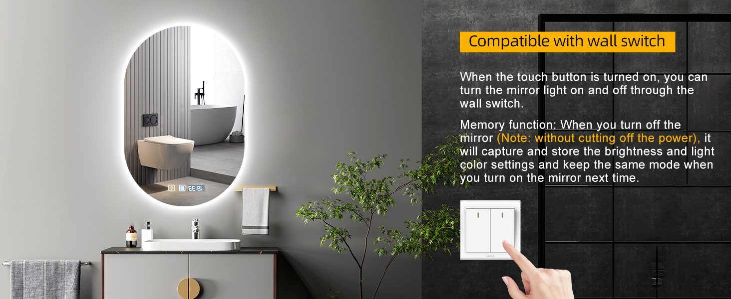 Дзеркало для ванної кімнати з підсвічуванням 50x70 см, з підігрівом, годинником, LED-підсвічуванням, сенсорною панеллю, функцією пам'яті, 3 кольори світла, регулювання яскравості