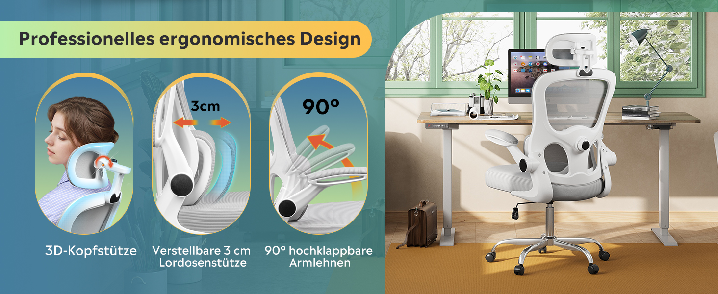 Офісне крісло Devaise ергономічне з підтримкою попереку, 3D-підголівником, регульованими підлокітниками та сітчастою спинкою, для офісу та дому, до 150 кг (сірий)