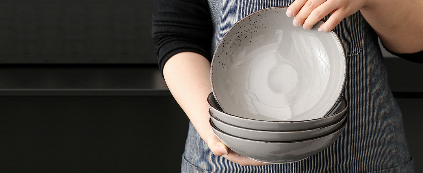 Набір посуду Vancasso NAVIA, 16 предметів, кераміка, для 4 осіб, розпис, тарілки, миски, чашки, помаранчевий (8 предметів, сірий)