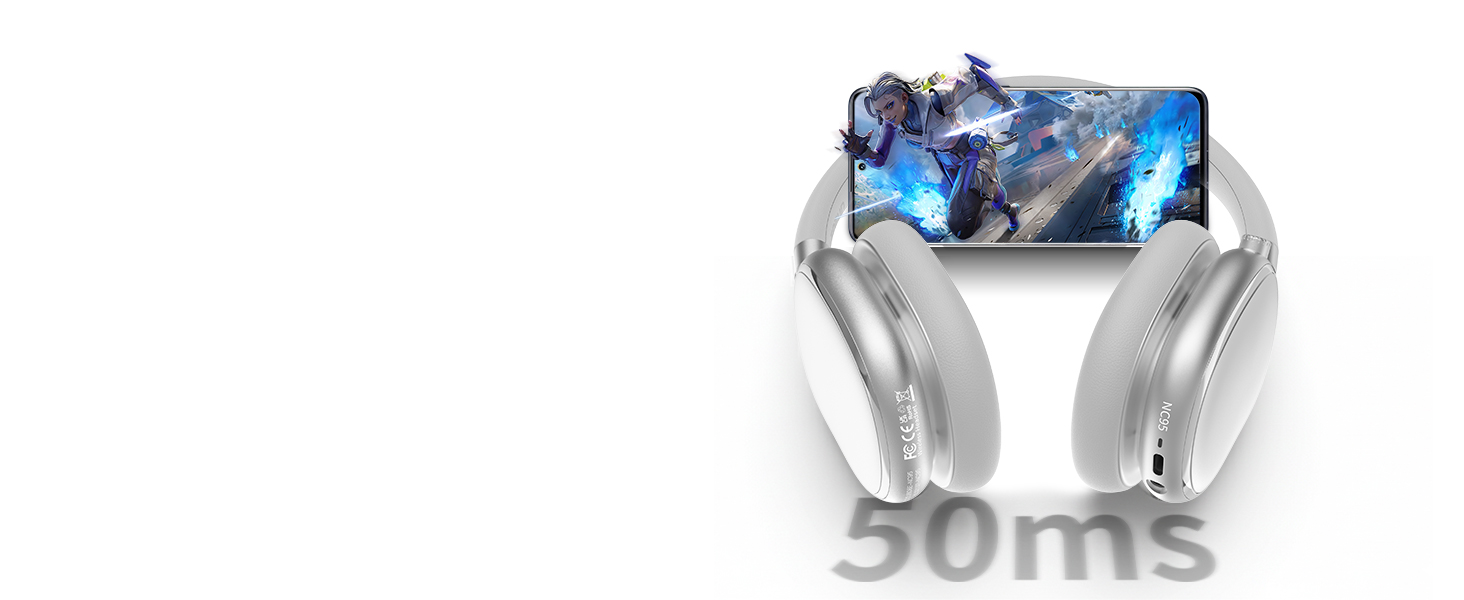 Навушники бездротові Bluetooth 6.0 NC95 з активним шумозаглушенням, сріблясті. До 120 годин роботи, налаштування EQ через додаток, для подорожей та спорту