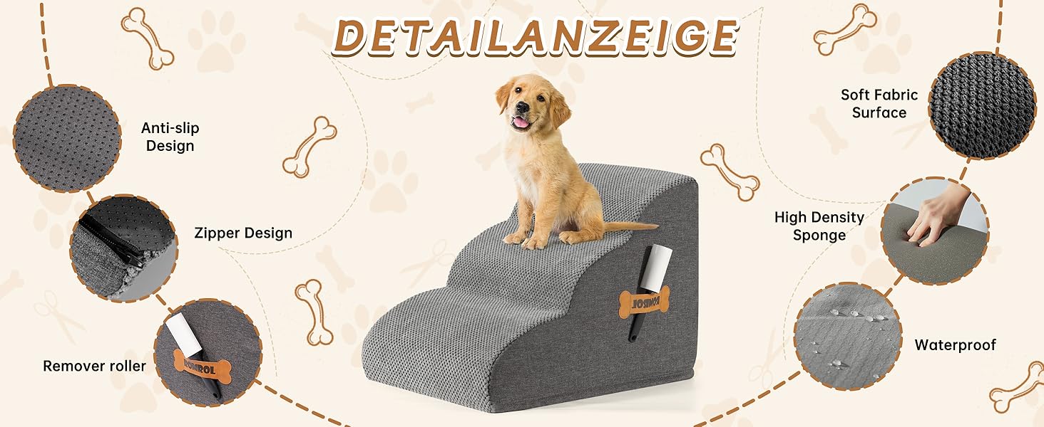 Сходинка для собак та котів ROMROL 3 сходинки - сіра, з неслизьким покриттям, з високощільним пінополіуретаном, для допомоги при входженні на диван та ліжко, захист суглобів