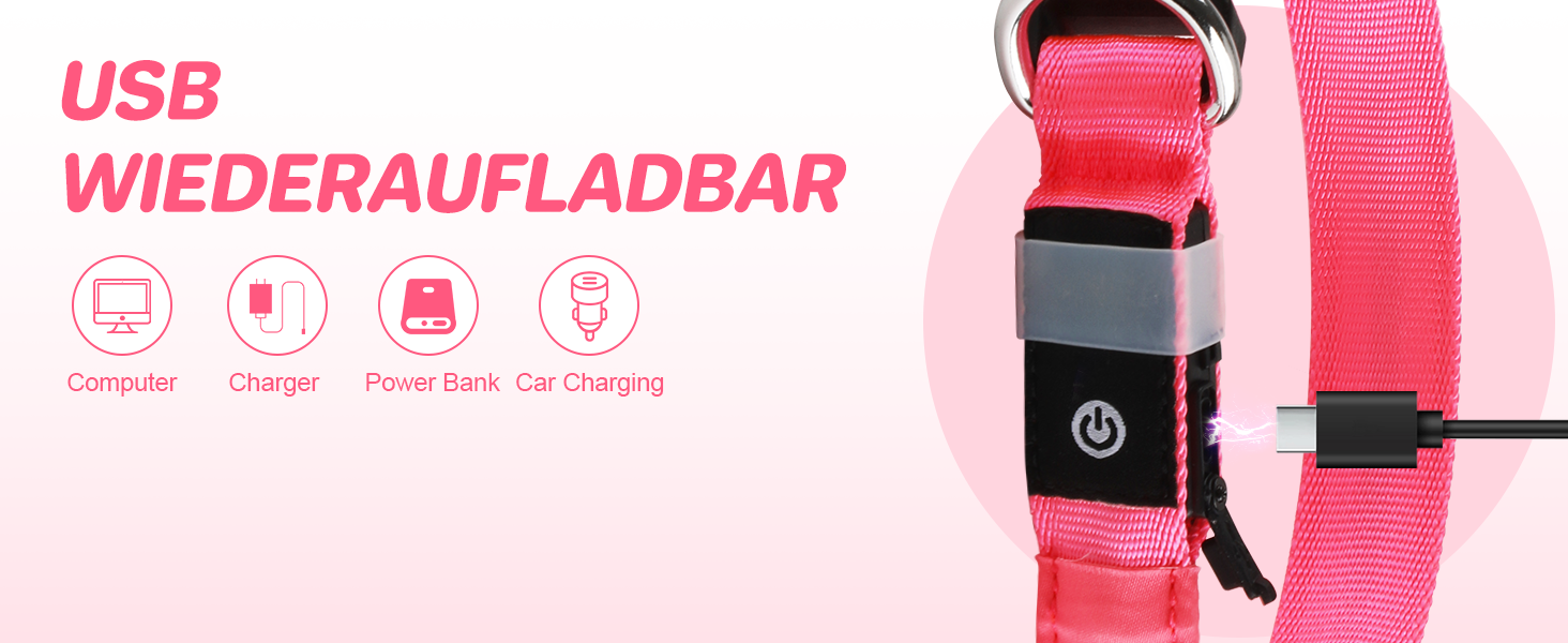 Світлодіодне нашийник для собак Feycig - USB, водонепроникний, 3 режими, регульований, для малих, середніх та великих собак (Рожевий, L(48-60см))