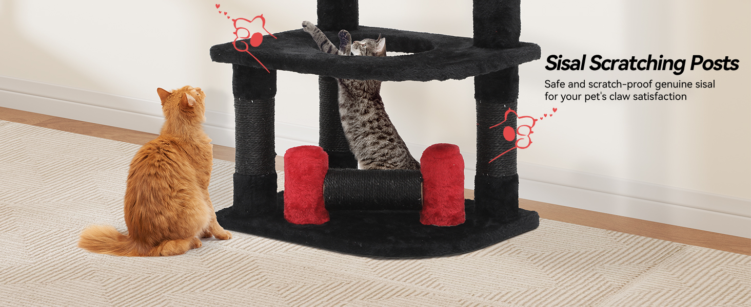 Кігтеточка YITAHOME Готичний XL, 160 см, з 4 колонами з сизалю, 1 дощечкою для шліфування, гамаком, 2 кулями-іграшками, платформами для сну, чорна