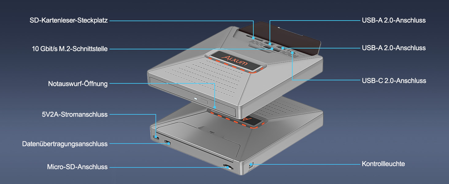 Зовнішній DVD-привід Alxum USB-C 3.0 та USB: CD/DVD плеєр і записувач для ноутбука з картридером SD/TF та додатковим USB-портом, Plug & Play, чорний