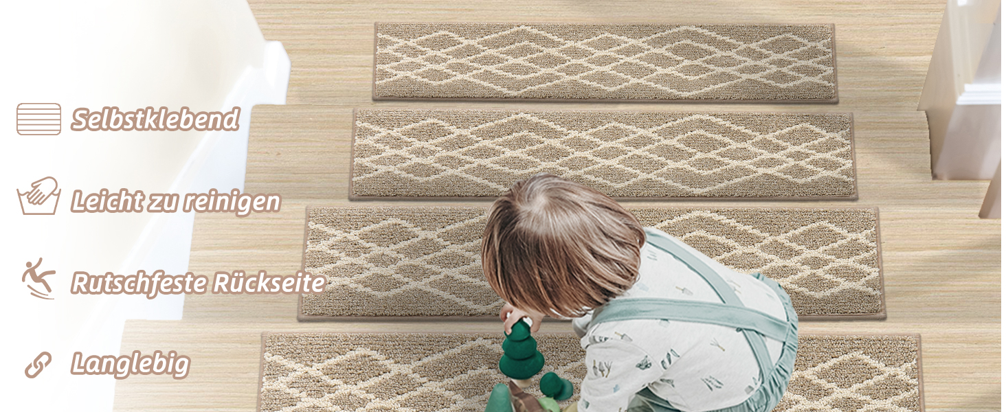 Ковзаючі сходинки для дому COSY HOMEER, 15 шт. (70 x 22 см), антиковзаючі, самоклеючі, машинне прання, 100% поліестер, TPE-підкладка, ідеально для дітей, літніх людей та домашніх тварин, бежевий ромбік