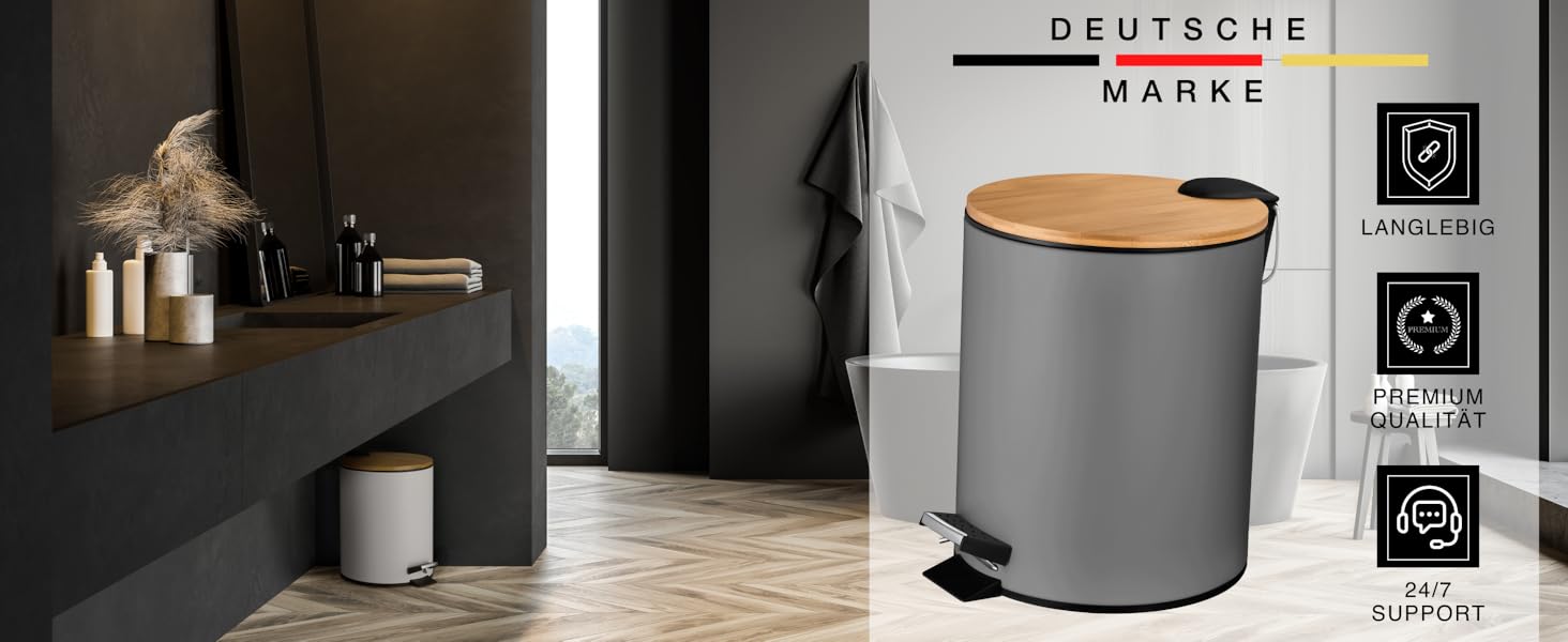 Смітник для косметики VMbathrooms на 3-5 л з педаллю, бамбуковою кришкою та системою Soft-Close, сірий матовий