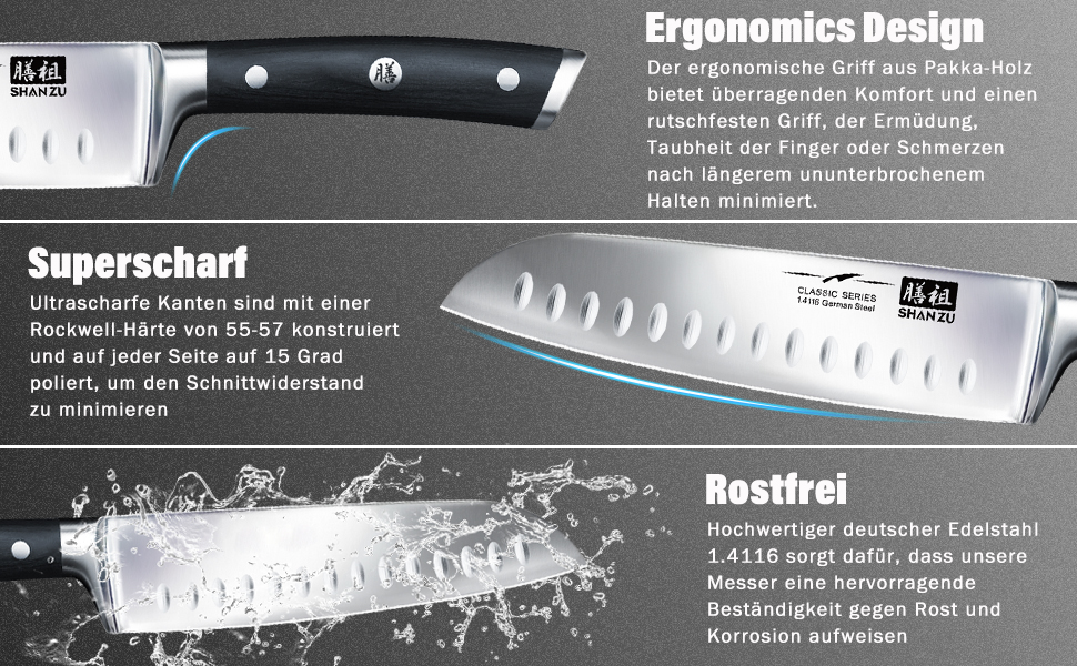 Кухонний ніж Santoku SHAN ZU 18 см з німецької нержавіючої сталі, надгостре лезо, ергономічна ручка, подарункова упаковка