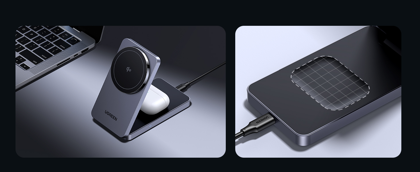 Зарядний пристрій UGREEN MagFlow Qi2 з підтримкою MagSafe, 15W, 2-в-1, для iPhone 17/16/15/14/13/12, AirPods 2/3, з кабелем 1м