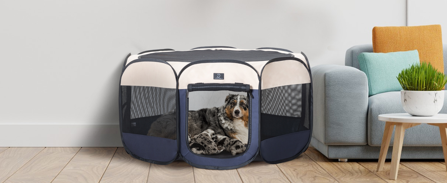 Клітка-вигул для цуценят та котів 4 Pet, складана, для дому та вулиці, з мискою, блакитно-біла