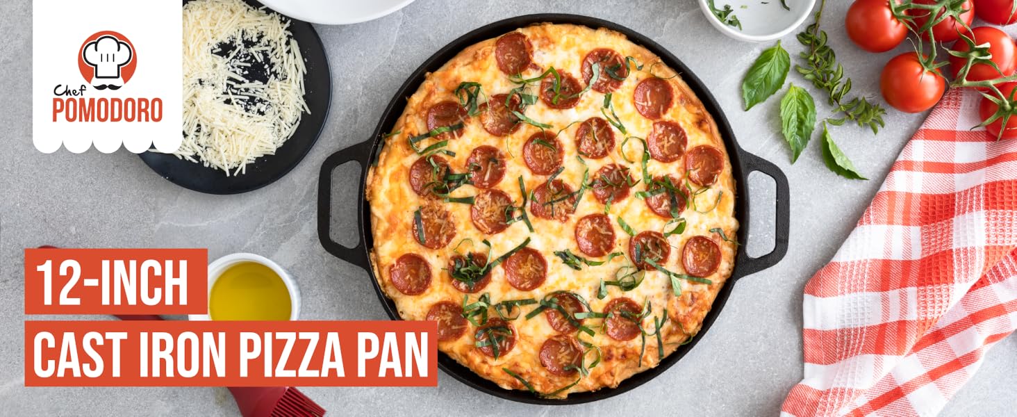 Chef Pomodoro Cast Iron Grill Pan – Cast Iron Grill Pan for Stove, Grill, Oven & Campfire – Cast Iron Pan - Pizza Pan Baking Sheet Round - Grill Plate Gas Grill - Cast Iron Pan for Gas Grill (30 cm)