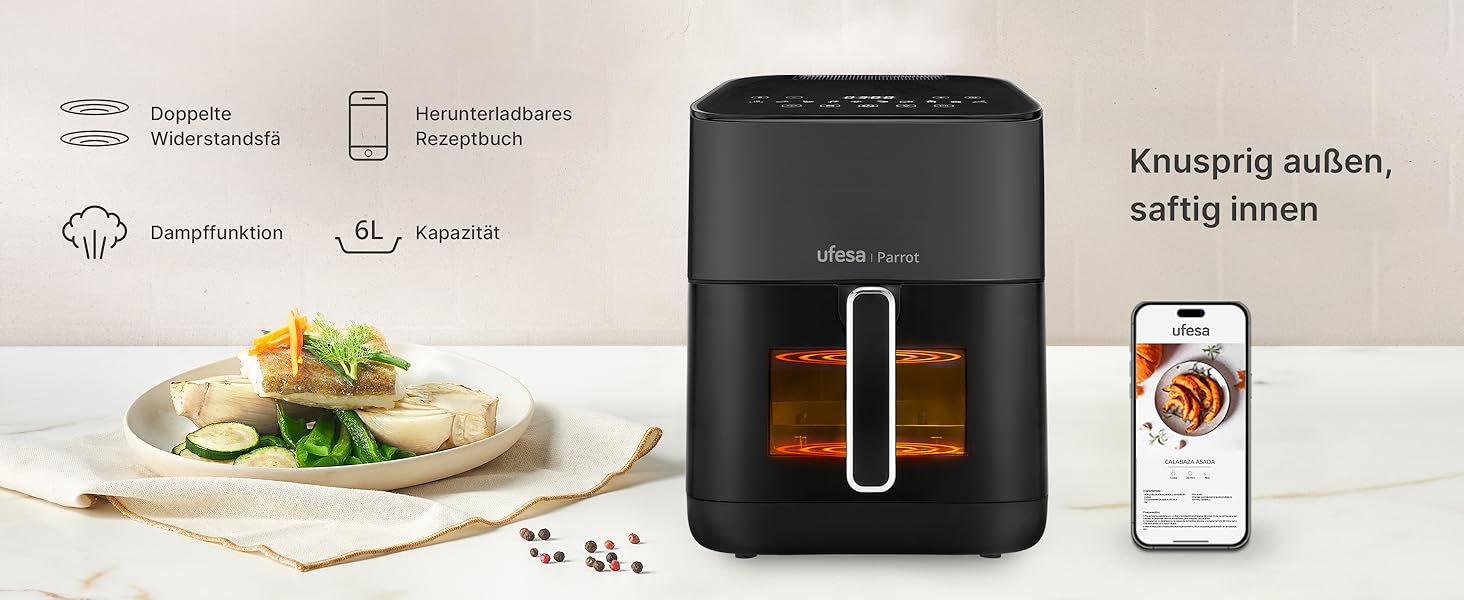 Фритюрниця Ufesa AF5000 Phantom з гарячим повітрям, 5л, Wi-Fi, App, LED-дисплей, 1500W, Amazon Exclusive