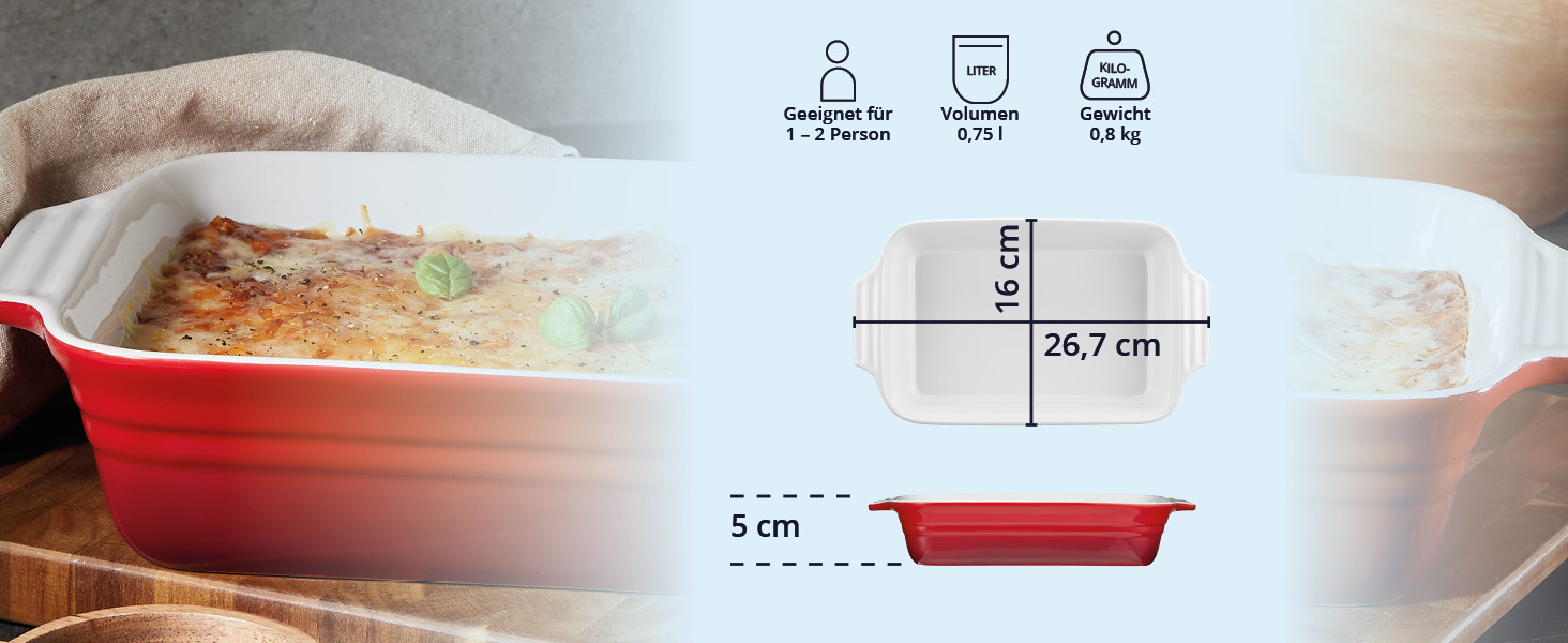 Форма для запікання KHG середнього розміру 34 см, 1,75 л, червона, для 3-4 осіб. Прямокутна керамічна форма для запікання з каменю, стійка до подряпин. Підходить для лазаньї, тірамісу та інших запечених страв. 1 шт. (34 см)
