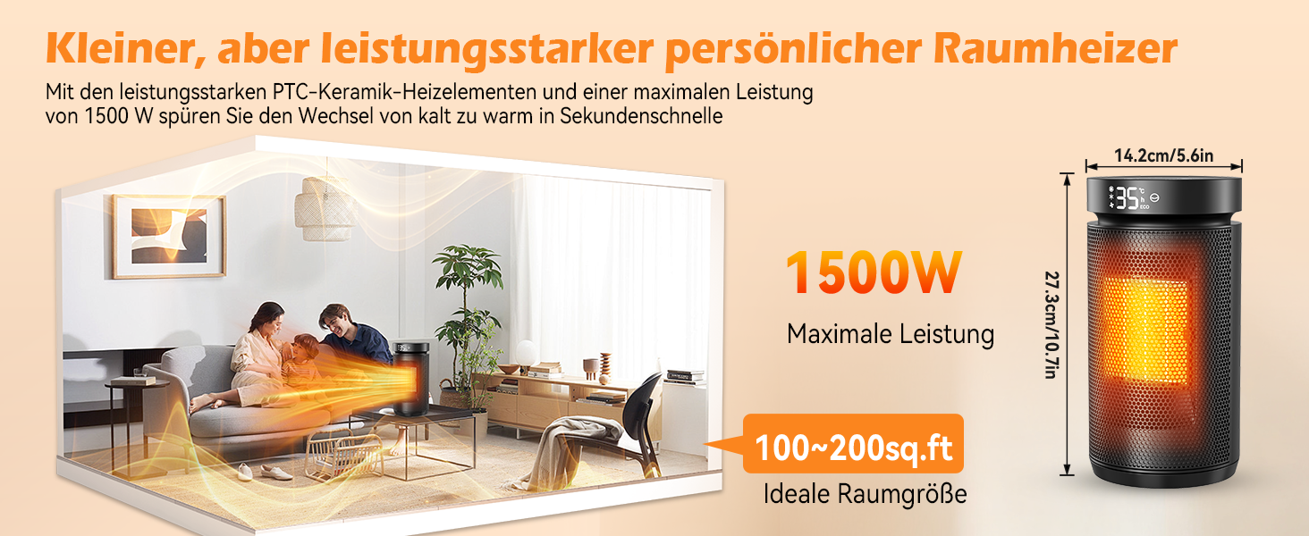 Електричний обігрівач 1500W PTC кераміка, тихий 34 dB, з термостатом, таймером 12 год та захистом від перегріву та перекидання. З пультом керування, чорний.