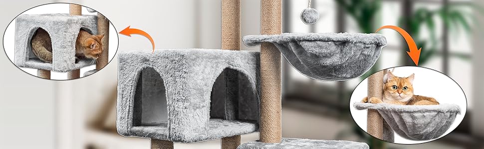 Кліматичний комплекс для котів Kratzbaum 145 см: кігтетопка, ігровий майданчик, ліжко, печера, платформи, сізалова колона, сірий колір